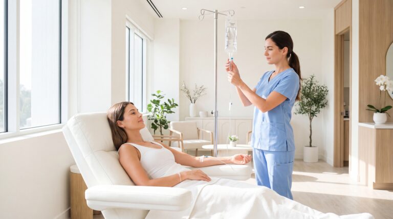 Nurse adjusting IV vitamin drip for female patient relaxing in modern aesthetic clinic